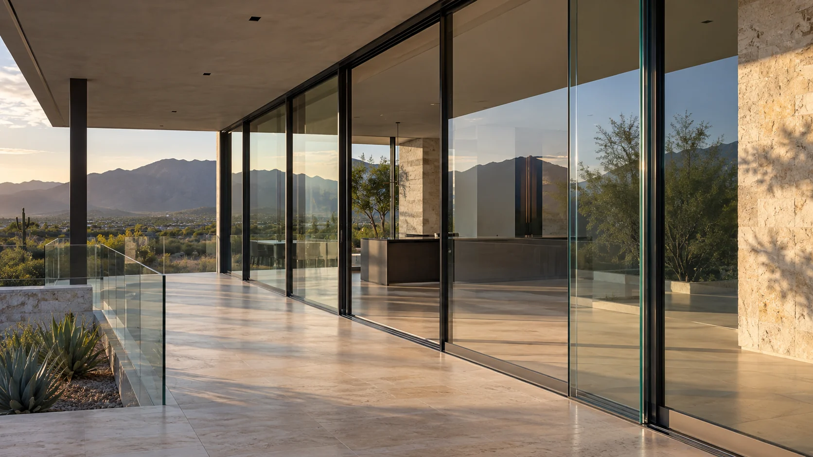 Visualización arquitectónica de una terraza con grandes paneles de cristal y perfiles oscuros, iluminada al atardecer